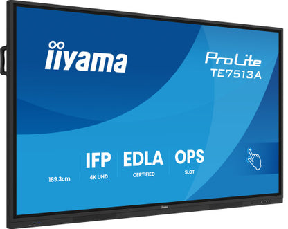 IIYAMA 75" (EDLA)/ANDROID 14,8 CORE SOC, 8/128GB, 40-PTS  UHD , NFC, PIR , MM 2X20W +20W SBUW, 2XHDMI, USB-C / HDMI,DP, 2XUSB-C100W PD/MINI-JACK / OPT.OUT, 450CD/M2, L/S MODE, AG GLASS, LAN, WIFI6, BT5.0/IIWARE, PC SLOT,800X400 (WM INCL.) (TE7513A-B2_3