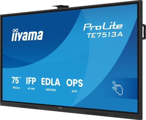 IIYAMA 75" (EDLA)/ANDROID 14,8 CORE SOC, 8/128GB, 40-PTS  UHD , NFC, PIR , MM 2X20W +20W SBUW, 2XHDMI, USB-C / HDMI,DP, 2XUSB-C100W PD/MINI-JACK / OPT.OUT, 450CD/M2, L/S MODE, AG GLASS, LAN, WIFI6, BT5.0/IIWARE, PC SLOT,800X400 (WM INCL.) (TE7513A-B2_5