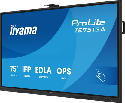 IIYAMA 75" (EDLA)/ANDROID 14,8 CORE SOC, 8/128GB, 40-PTS  UHD , NFC, PIR , MM 2X20W +20W SBUW, 2XHDMI, USB-C / HDMI,DP, 2XUSB-C100W PD/MINI-JACK / OPT.OUT, 450CD/M2, L/S MODE, AG GLASS, LAN, WIFI6, BT5.0/IIWARE, PC SLOT,800X400 (WM INCL.) (TE7513A-B2_5