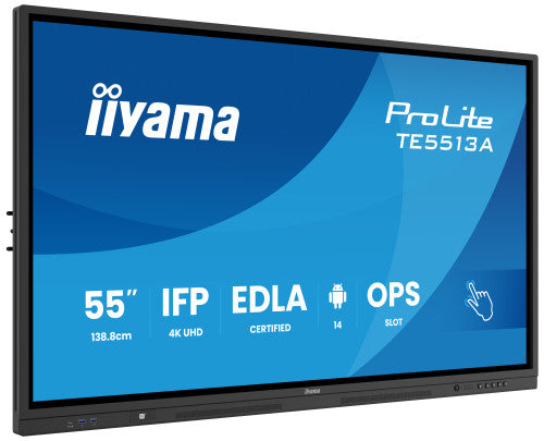 IIYAMA 55" (EDLA)/ANDROID 14,8 CORE SOC, 8/128GB, 40-PTS  UHD , NFC, PIR , MM 2X20W +20W SBUW, 2XHDMI, USB-C / HDMI,DP, 2XUSB-C100W PD/MINI-JACK / OPT.OUT, 450CD/M2, L/S MODE, AG GLASS, LAN, WIFI6, BT5.0/IIWARE, PC SLOT,400X400 (WM INCL.) (TE5513A-B2_0