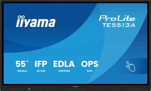 IIYAMA 55" (EDLA)/ANDROID 14,8 CORE SOC, 8/128GB, 40-PTS  UHD , NFC, PIR , MM 2X20W +20W SBUW, 2XHDMI, USB-C / HDMI,DP, 2XUSB-C100W PD/MINI-JACK / OPT.OUT, 450CD/M2, L/S MODE, AG GLASS, LAN, WIFI6, BT5.0/IIWARE, PC SLOT,400X400 (WM INCL.) (TE5513A-B2_1