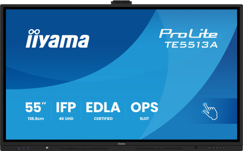 IIYAMA 55" (EDLA)/ANDROID 14,8 CORE SOC, 8/128GB, 40-PTS  UHD , NFC, PIR , MM 2X20W +20W SBUW, 2XHDMI, USB-C / HDMI,DP, 2XUSB-C100W PD/MINI-JACK / OPT.OUT, 450CD/M2, L/S MODE, AG GLASS, LAN, WIFI6, BT5.0/IIWARE, PC SLOT,400X400 (WM INCL.) (TE5513A-B2_2