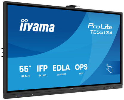 IIYAMA 55" (EDLA)/ANDROID 14,8 CORE SOC, 8/128GB, 40-PTS  UHD , NFC, PIR , MM 2X20W +20W SBUW, 2XHDMI, USB-C / HDMI,DP, 2XUSB-C100W PD/MINI-JACK / OPT.OUT, 450CD/M2, L/S MODE, AG GLASS, LAN, WIFI6, BT5.0/IIWARE, PC SLOT,400X400 (WM INCL.) (TE5513A-B2_3