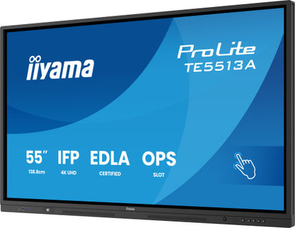 IIYAMA 55" (EDLA)/ANDROID 14,8 CORE SOC, 8/128GB, 40-PTS  UHD , NFC, PIR , MM 2X20W +20W SBUW, 2XHDMI, USB-C / HDMI,DP, 2XUSB-C100W PD/MINI-JACK / OPT.OUT, 450CD/M2, L/S MODE, AG GLASS, LAN, WIFI6, BT5.0/IIWARE, PC SLOT,400X400 (WM INCL.) (TE5513A-B2_5