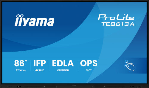 IIYAMA 86"  (EDLA)/ANDROID 14,8 CORE SOC, 8/128GB, 40-PTS  UHD , NFC, PIR , MM 2X20W +20W SBUW, 2XHDMI, USB-C / HDMI,DP, 2XUSB-C100W PD/MINI-JACK / OPT.OUT, 450CD/M2 , L/S MODE, AG GLASS, LAN, WIFI6, BT5.0/IIWARE, PC SLOT,800X600 (WM INCL.) (TE8613A-_4