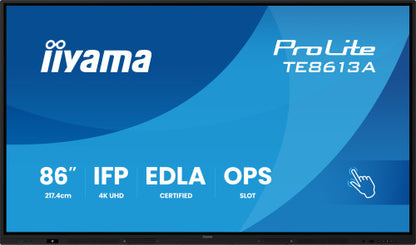 IIYAMA 86"  (EDLA)/ANDROID 14,8 CORE SOC, 8/128GB, 40-PTS  UHD , NFC, PIR , MM 2X20W +20W SBUW, 2XHDMI, USB-C / HDMI,DP, 2XUSB-C100W PD/MINI-JACK / OPT.OUT, 450CD/M2 , L/S MODE, AG GLASS, LAN, WIFI6, BT5.0/IIWARE, PC SLOT,800X600 (WM INCL.) (TE8613A-_4