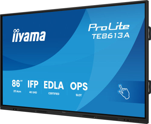 IIYAMA 86"  (EDLA)/ANDROID 14,8 CORE SOC, 8/128GB, 40-PTS  UHD , NFC, PIR , MM 2X20W +20W SBUW, 2XHDMI, USB-C / HDMI,DP, 2XUSB-C100W PD/MINI-JACK / OPT.OUT, 450CD/M2 , L/S MODE, AG GLASS, LAN, WIFI6, BT5.0/IIWARE, PC SLOT,800X600 (WM INCL.) (TE8613A-_6
