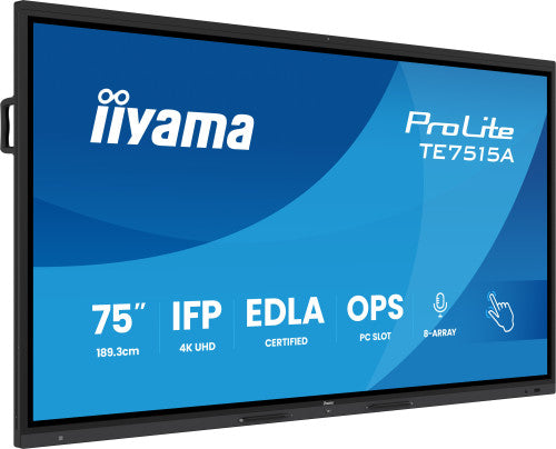 IIYAMA 75" STYLISH IFP,  (EDLA)/ANDROID 14,8 CORE SOC, 8/128GB, 40-PTS, UHD VA, NFC, PIR , MM 2X20W +20W SBUW, 8-ARRAY MICRO, 2XHDMI, HDMI-OUT, DP, USB-C100W PD/ MINI-JACK / OPT.OUT, 550CD/M2, L/S MODE, AG GLASS, LAN, WIFI6, BT5.0/IIWARE, PC SLOT,800_0