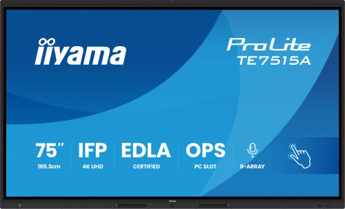 IIYAMA 75" STYLISH IFP,  (EDLA)/ANDROID 14,8 CORE SOC, 8/128GB, 40-PTS, UHD VA, NFC, PIR , MM 2X20W +20W SBUW, 8-ARRAY MICRO, 2XHDMI, HDMI-OUT, DP, USB-C100W PD/ MINI-JACK / OPT.OUT, 550CD/M2, L/S MODE, AG GLASS, LAN, WIFI6, BT5.0/IIWARE, PC SLOT,800_1