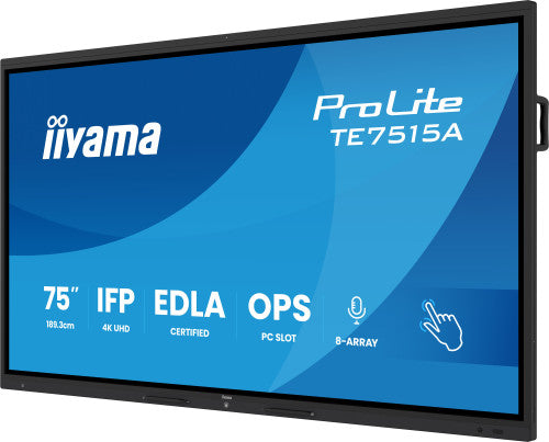 IIYAMA 75" STYLISH IFP,  (EDLA)/ANDROID 14,8 CORE SOC, 8/128GB, 40-PTS, UHD VA, NFC, PIR , MM 2X20W +20W SBUW, 8-ARRAY MICRO, 2XHDMI, HDMI-OUT, DP, USB-C100W PD/ MINI-JACK / OPT.OUT, 550CD/M2, L/S MODE, AG GLASS, LAN, WIFI6, BT5.0/IIWARE, PC SLOT,800_5