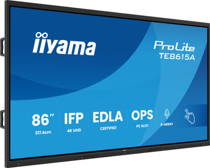 IIYAMA 86" STYLISH IFP,  (EDLA)/ANDROID 14,8 CORE SOC, 8/128GB, 40-PTS, UHD , NFC, PIR , MM 2X20W +20W SBUW, 8-ARRAY MICRO, 2XHDMI, HDMI-OUT, DP, USB-C100W PD/ MINI-JACK / OPT.OUT, 550CD/M2, L/S MODE, AG GLASS, LAN, WIFI6, BT5.0/IIWARE, PC SLOT,800X6_0
