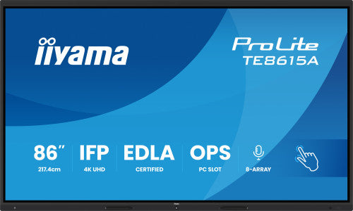 IIYAMA 86" STYLISH IFP,  (EDLA)/ANDROID 14,8 CORE SOC, 8/128GB, 40-PTS, UHD , NFC, PIR , MM 2X20W +20W SBUW, 8-ARRAY MICRO, 2XHDMI, HDMI-OUT, DP, USB-C100W PD/ MINI-JACK / OPT.OUT, 550CD/M2, L/S MODE, AG GLASS, LAN, WIFI6, BT5.0/IIWARE, PC SLOT,800X6_2