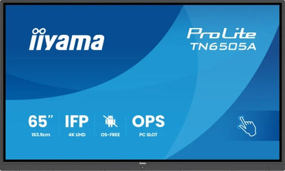 IIYAMA 65" IFP OS-FREE, 40-PTSIR+ WITH,AG / BACTERIA COATING UHD  MM 2X20W FRONT+20W SBUW, VGA, HDMI 2X, DP, USB-C 65W PD, PC SLOT, PIP/PBP, ANNOTATION FUNCTION,MINI-JACK 450CD/M2, L/S MODE, CONTROL: 2XLAN / ,600X400 (WM INCL.) (TN6505A-B1AG)_1