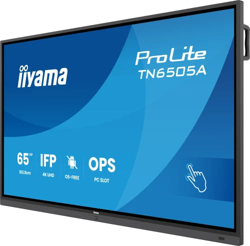 IIYAMA 65" IFP OS-FREE, 40-PTSIR+ WITH,AG / BACTERIA COATING UHD  MM 2X20W FRONT+20W SBUW, VGA, HDMI 2X, DP, USB-C 65W PD, PC SLOT, PIP/PBP, ANNOTATION FUNCTION,MINI-JACK 450CD/M2, L/S MODE, CONTROL: 2XLAN / ,600X400 (WM INCL.) (TN6505A-B1AG)_2