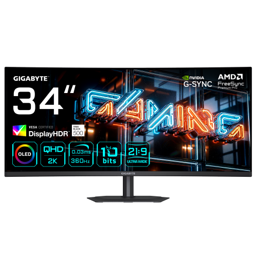 GIGABYTE MO34WQC36 Monitor Gaming Curvo 34â WQHD - 3440 x 1440, 360Hz, 0.03ms, KVM, 300 cd/mÂ², FreeSync Premium Pro, DisplayHDR True Black 500, HDMI 2.1, DisplayPort 2.1_0