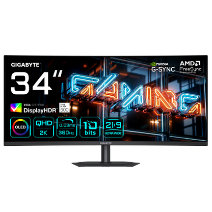 GIGABYTE MO34WQC36 Monitor Gaming Curvo 34â WQHD - 3440 x 1440, 360Hz, 0.03ms, KVM, 300 cd/mÂ², FreeSync Premium Pro, DisplayHDR True Black 500, HDMI 2.1, DisplayPort 2.1_0