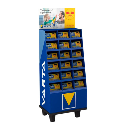 Expositor promocional 102 blÃ­sters 10+10 pilhas longlife power varta_0