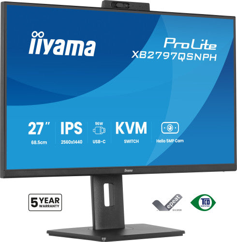 MONITOR IIYAMA 27" CON CAMARA INTEGRADA DE 5 MP COMPATIBLE CON WINDOWS HELLO, MICROFONO, DOCK USB-C, LAN, CONMUTADOR KVM Y SOPORTE AJUSTABLE EN ALTURA DE 15 CM_0