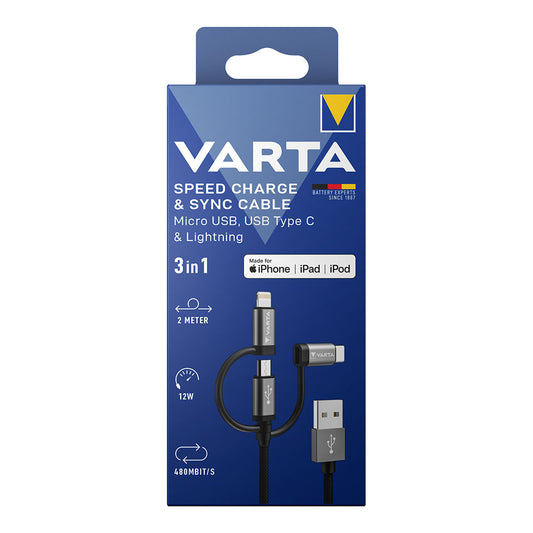 Cabo 3 em 1 usb a lighting - micro usb - tipo c varta_0