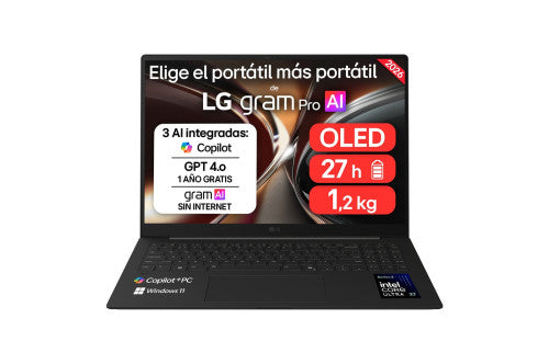 LG PORTÃTIL 16" GRAM PRO 16Z90U-K, COPILOT+ PC, WINDOWS 11 HOME, INTEL CORE ULTRA 7, 32 GB RAM, 512 GB SSD, PANTALLA OLED, LIGERO, AI, NEGRO_1