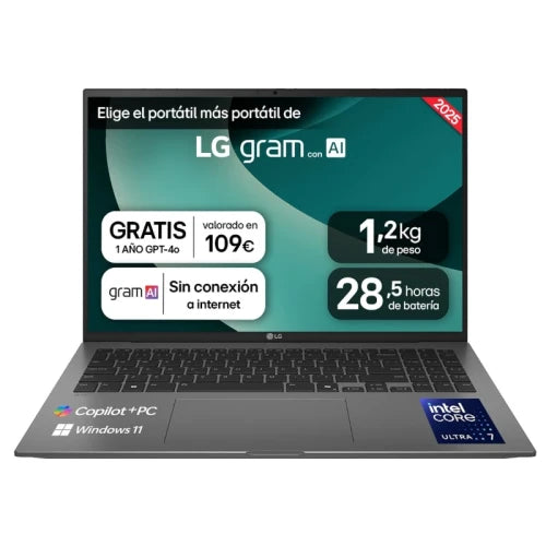 LG PORTÃTIL 16" GRAM 16Z90TL, COPILOT+ PC, WINDOWS 11 HOME, INTEL CORE ULTRA 7, 32 GB RAM, 1 TB SSD, PANEL IPS WQXGA (2560X1600), LIGERO, 1,389 G, 24.5 H, AI, NEGRO_1