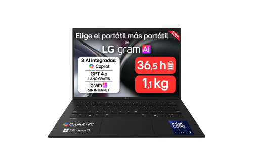 LG PORTÃTIL 14" GRAM 14Z90U, WINDOWS 11 HOME, INTEL CORE ULTRA 7, 32 GB RAM, 512 GB SSD, INTEL GRAPHICS (4XE), PANTALLA IPS (1920X1200), LIGERO, 1,120 G, 36.5 HORAS, AI, NEGRO_0