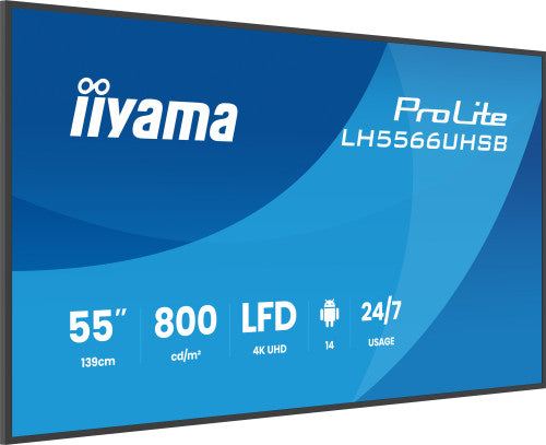 MONITOR IIYAMA 55" , UHD IPS PANEL, HAZE 1%, 800CD/M, HORIZ Y VERT, SIGNAL FAILOVER, MM 2X 10W,  HDMI 2X, DP, USB 2.0 X2, WIFI, LAN, WALL MOUNT INCL, CONTROL LAN / RS232C, IISIGNAGE2  E-SHARE, ANDROID 11 OS,  24/7,(400X400)(LH5566UHSB-B1AG)_2