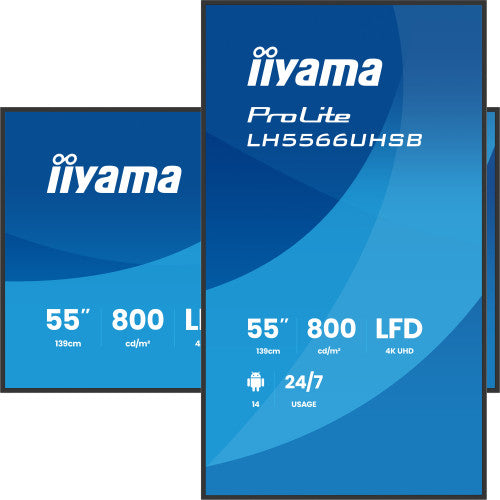 MONITOR IIYAMA 55" , UHD IPS PANEL, HAZE 1%, 800CD/M, HORIZ Y VERT, SIGNAL FAILOVER, MM 2X 10W,  HDMI 2X, DP, USB 2.0 X2, WIFI, LAN, WALL MOUNT INCL, CONTROL LAN / RS232C, IISIGNAGE2  E-SHARE, ANDROID 11 OS,  24/7,(400X400)(LH5566UHSB-B1AG)_4