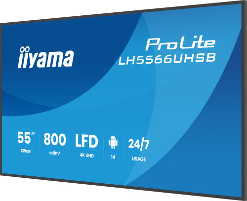 MONITOR IIYAMA 55" , UHD IPS PANEL, HAZE 1%, 800CD/M, HORIZ Y VERT, SIGNAL FAILOVER, MM 2X 10W,  HDMI 2X, DP, USB 2.0 X2, WIFI, LAN, WALL MOUNT INCL, CONTROL LAN / RS232C, IISIGNAGE2  E-SHARE, ANDROID 11 OS,  24/7,(400X400)(LH5566UHSB-B1AG)_5