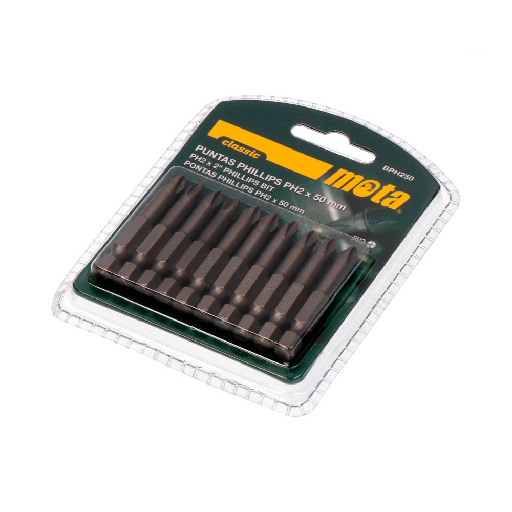 Pack 10 pontas bit ph2 x 50mm 1/4" aÃ§o bph250 mota_0