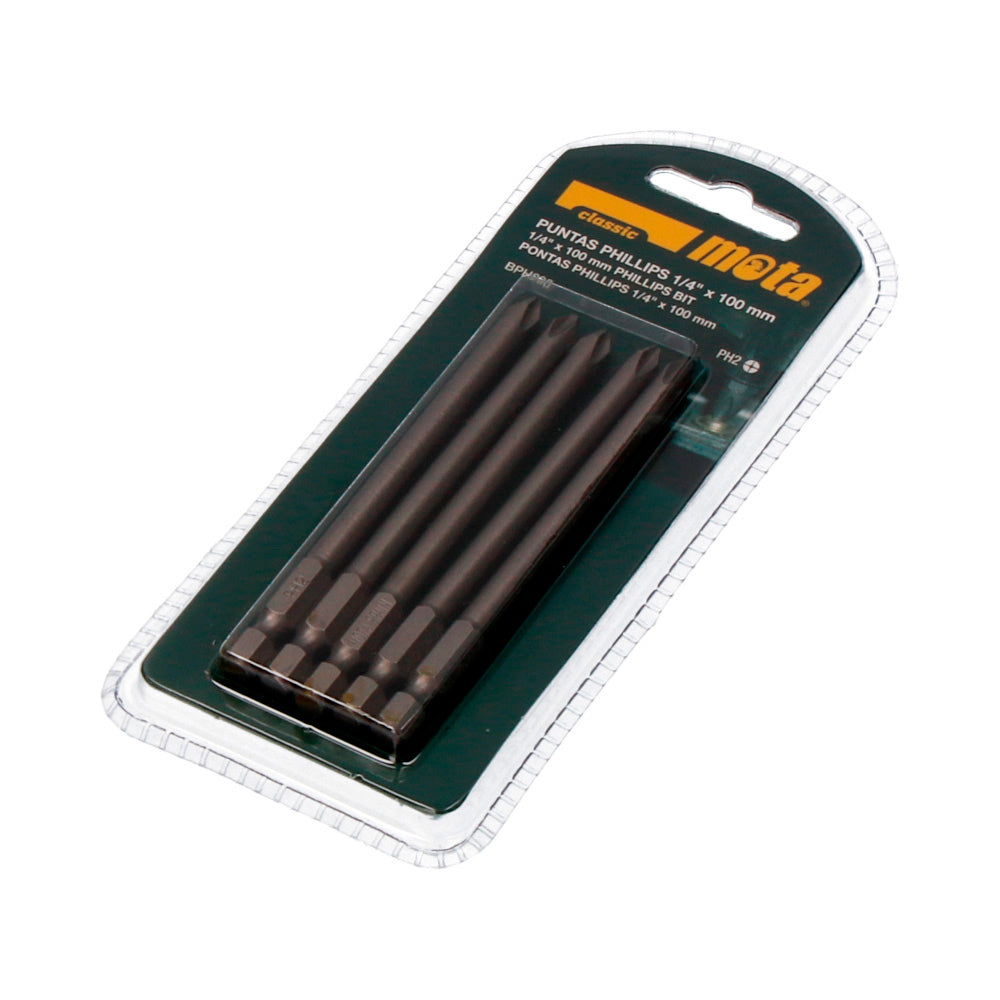 Pack 5 pontas bit ph2 x 90mm 1/4" aÃ§o bph290 mota_0