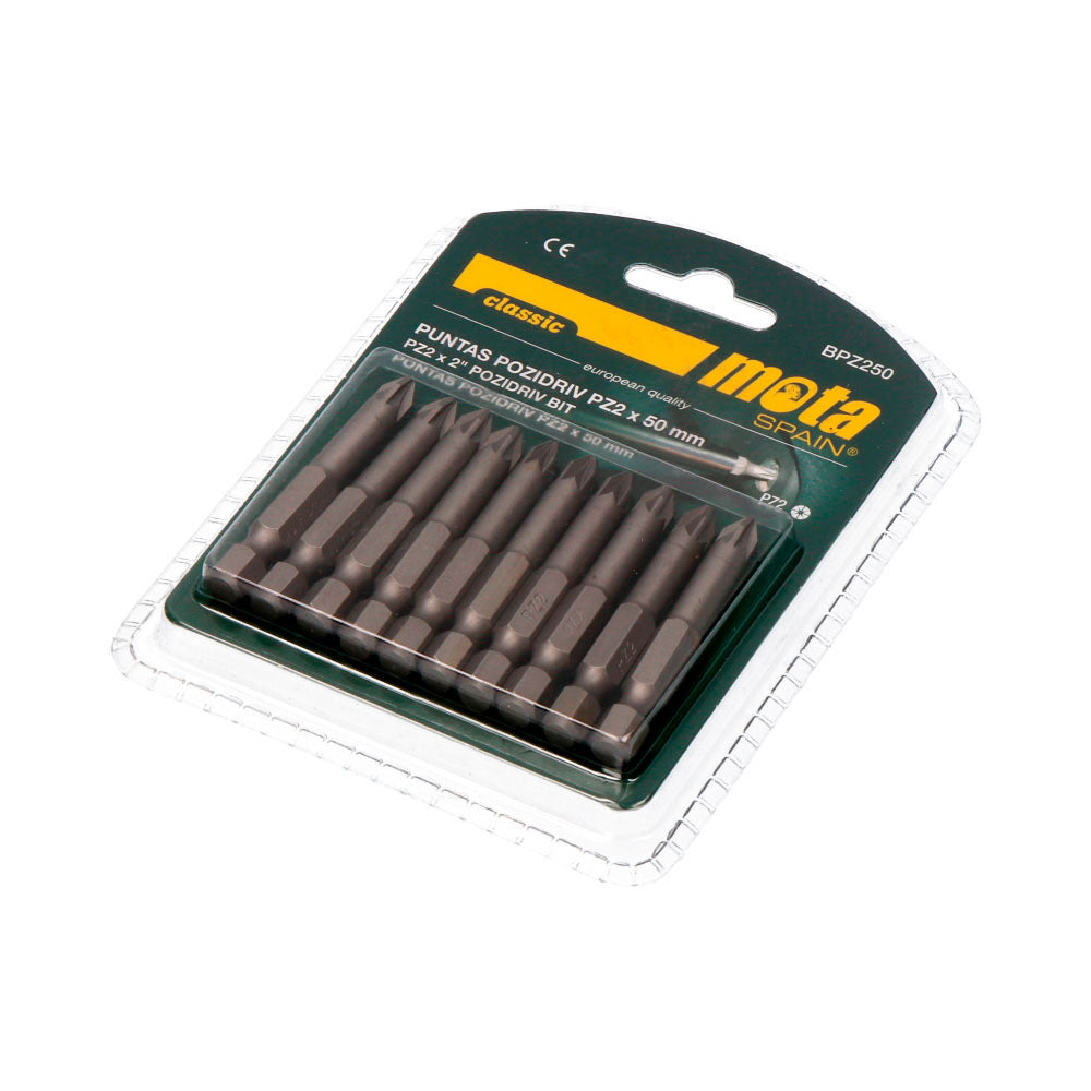 Pack 10 pontas bit pz2 x 50mm 1/4" aÃ§o bpz250 mota_0