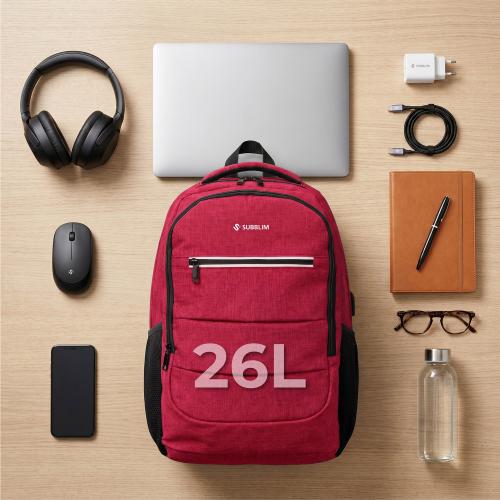 Mochila Subblim City Plus 26L Backpack para Portátiles hasta 15.6"/ Puerto USB/ Repelente al agua/ Reflectante/ Cinta para Trolley/ Roja_3