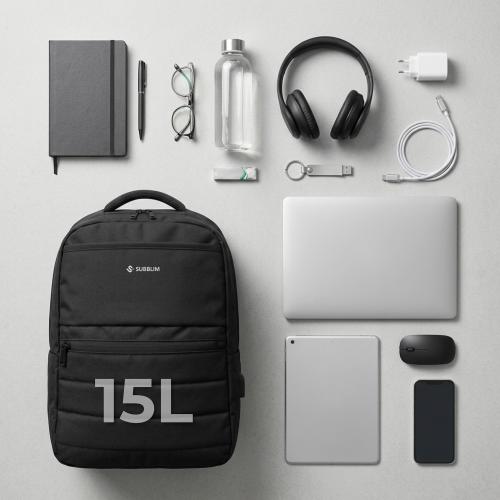 Mochila Subblim Compact Backpack 15L para Portátiles hasta 15.6"/ Repelente al agua/ Cinta para Trolley/ Negra_4