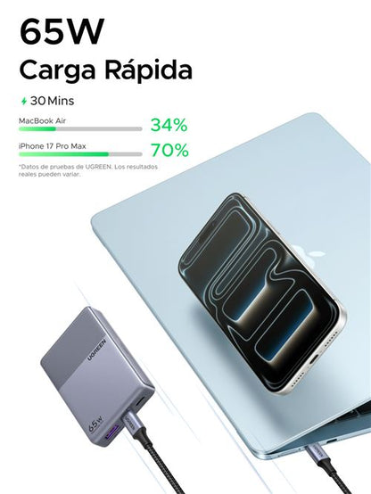 UGREEN  NEXODE AIR SLIM 65W, THIN YET POWERFUL /ENCHUFE FLEXIBLE (65W 2C1A GAN FAST CHARGER (ULTRA-THIN) + USB-C*2 USB-A*1 / GRAY + EUROPEAN STANDARD)_1