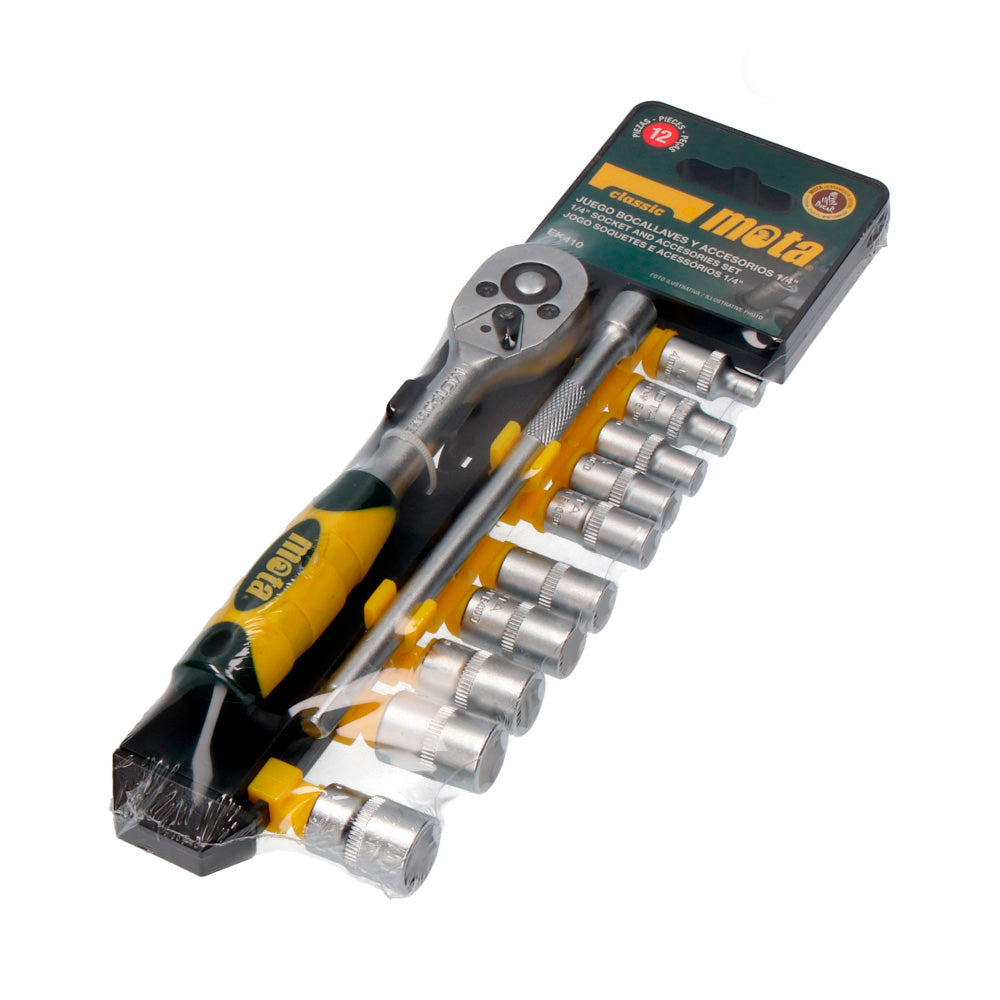 Jogo (12 pcs.) de soquees e acessorios de 1/4" ek410 mota_0