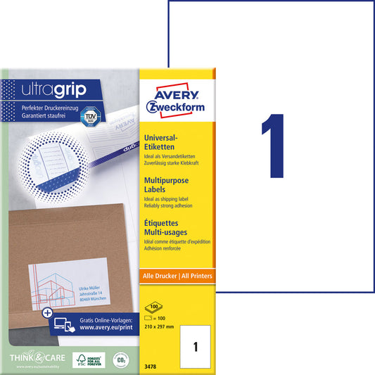 Etiquetas Avery Zweckform 3478 A4 210x297mm Brancas 100 Folhas
