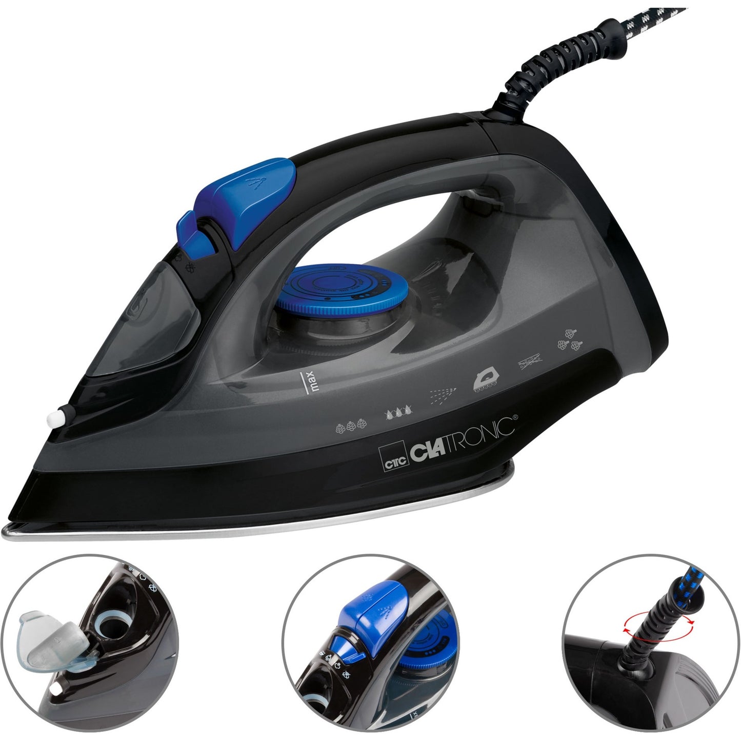 Ferro a Vapor Base Inox Clatronic DB 3703 1800W Preto/Azul
