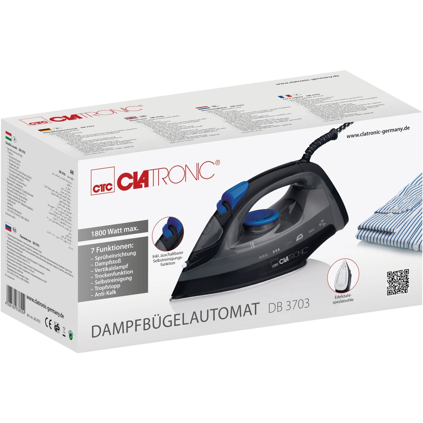 Ferro a Vapor Base Inox Clatronic DB 3703 1800W Preto/Azul
