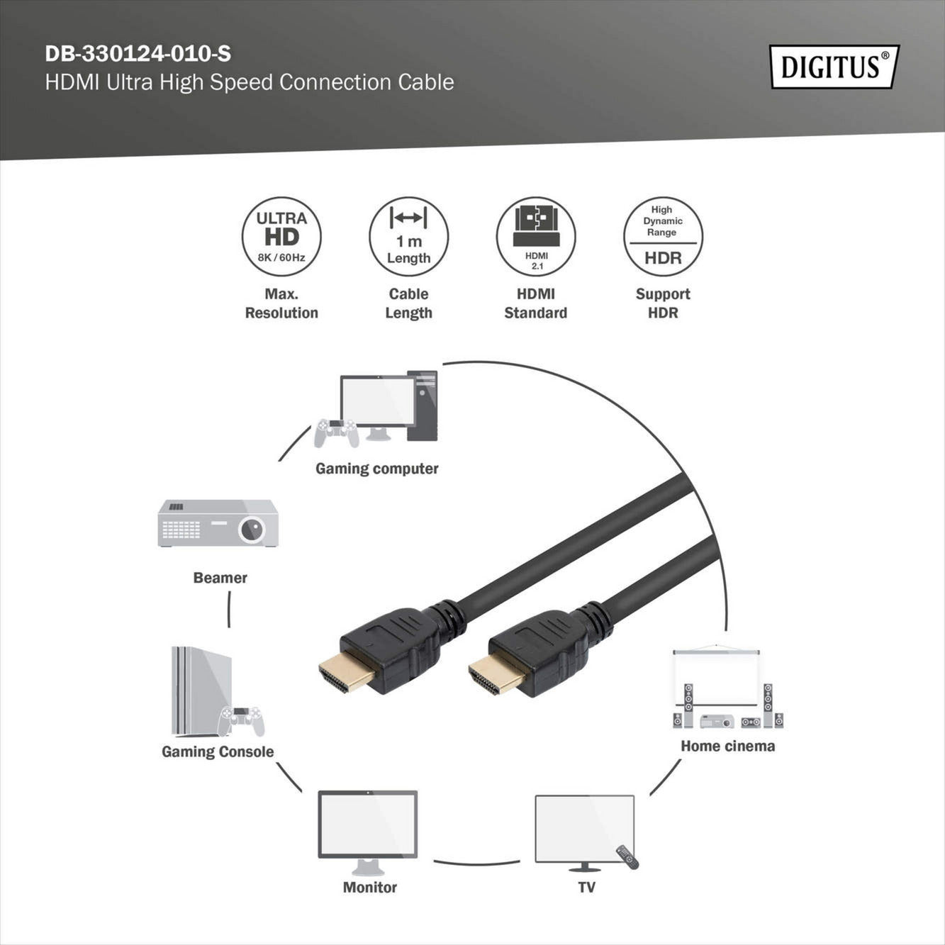 Cabo HDMI 2.1 Digitus Ultra High Speed 8K 1m