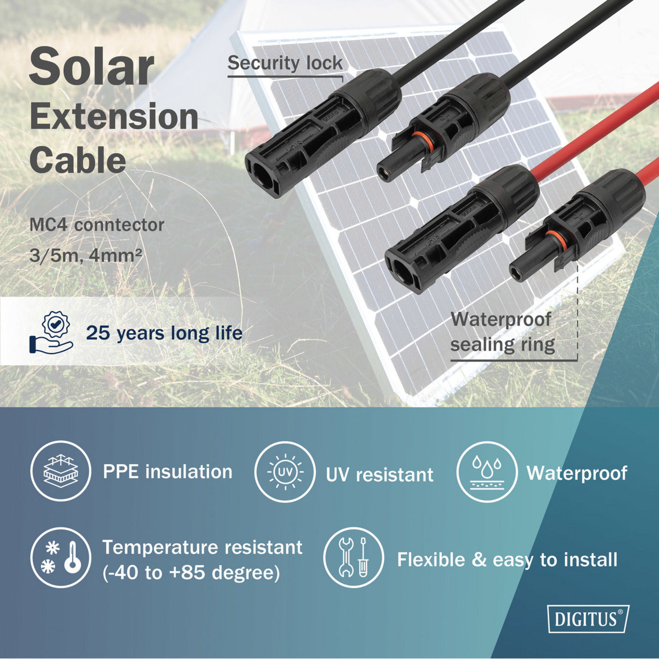 Cabo Extensão Solar Digitus MC4 4mm² 5m Vermelho/Preto