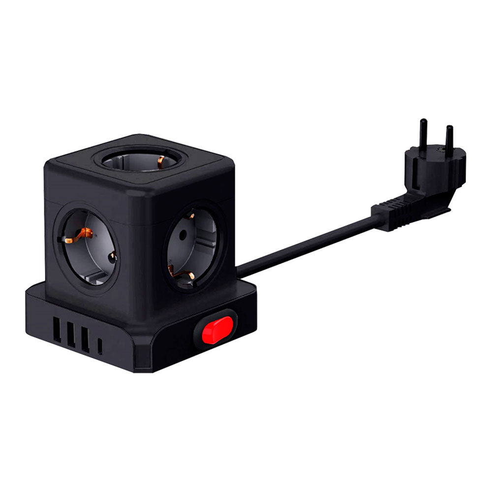 Base aÃ©rea 5 tomadas schuko 2p+t com interruptor 16 a 3680 w 250 v~ + 4 usb 3,1 a (3 a+1 c), cabo de 1,5 m, preta_0