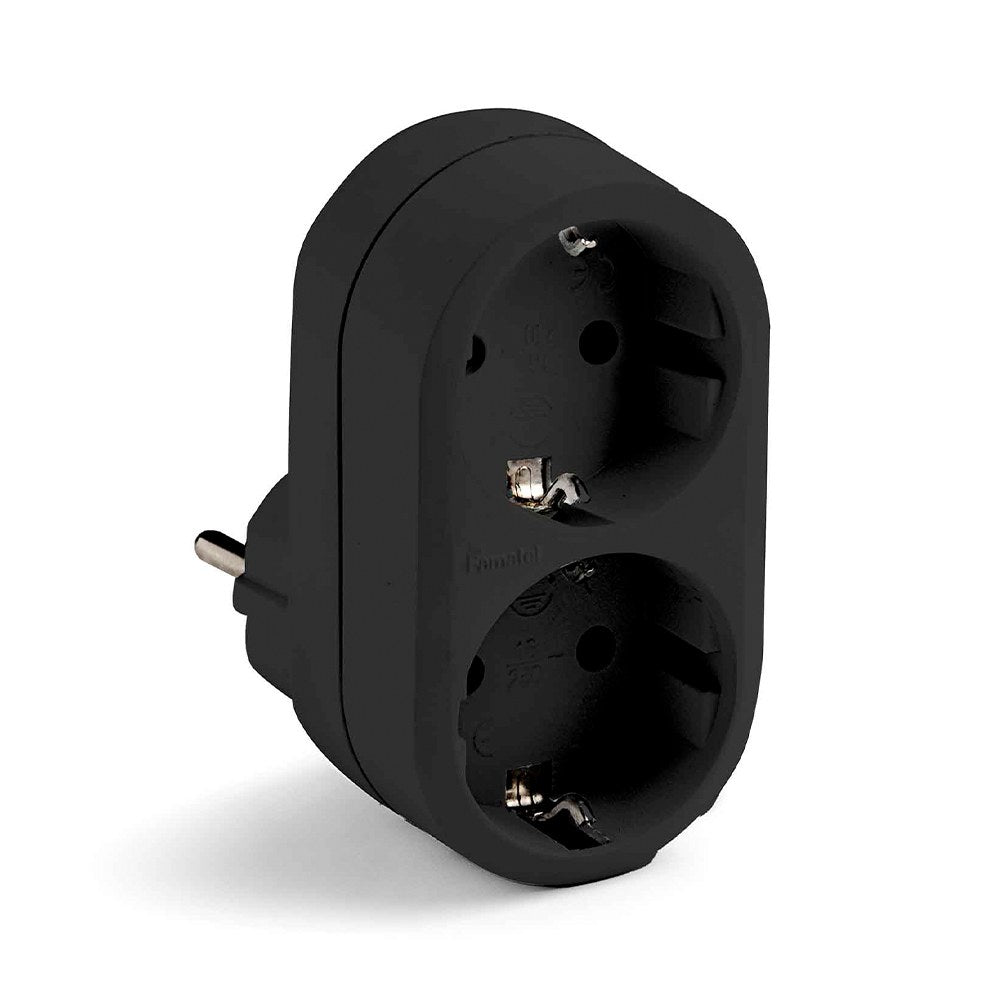 Adaptador duplo schuko 2p+t 16a 250 v com entrada frontal, preta, blister_0
