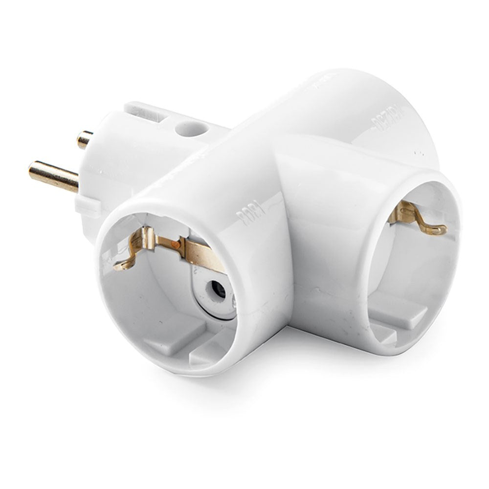 Adaptador triplo schuko 2p+t, 16a 250 v, nÃºcleo em cerÃ¢mica, reforÃ§ado, branco, retractilado_0