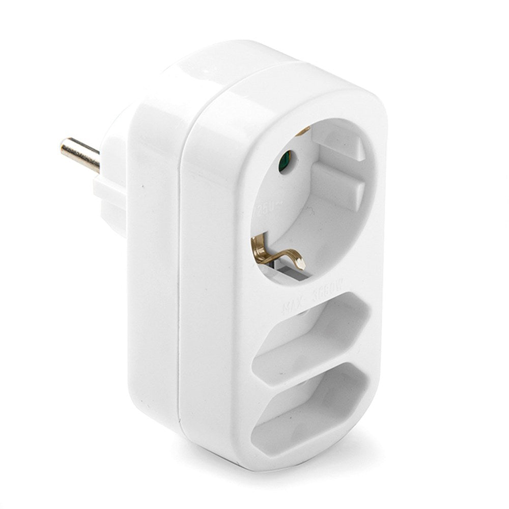Adaptador triplo misto: 2 x 2p 10a e schuko 2p+t 16a 250 v, branco, retractilado_0