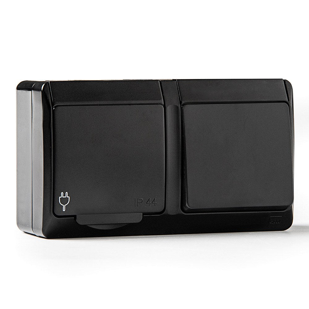 Comutador de escada + tomada estanque ip44, 16a 250 v, preto, blister_0