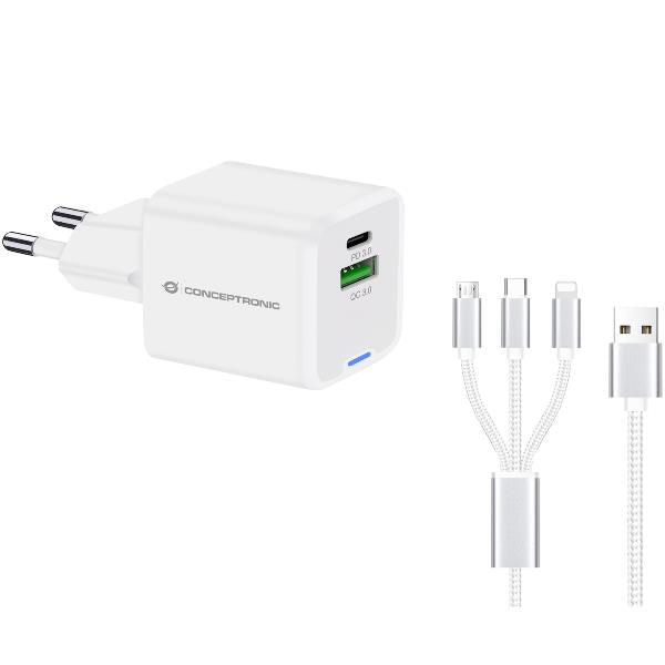 CARICATORE PD USB GaN 2-PORTE da 33W con cavo di ricarica 3 in 1, (1x USB-C, 1x USB-A, QC_0