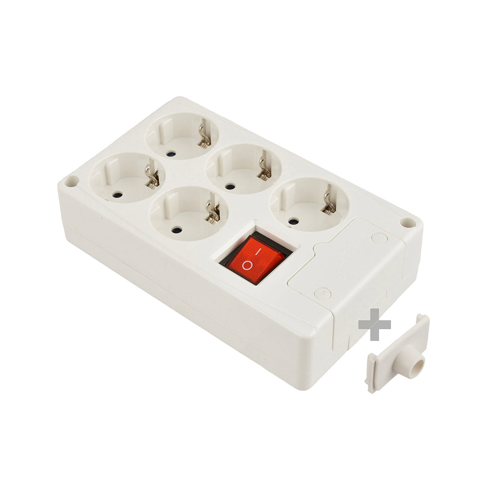 Tomada de superfÃ­cie bipolar com 5 tomadas com t/tl 10/16a 250v cor branco + interruptor luminoso_0