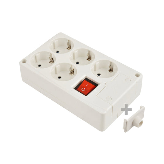 Tomada de superfÃ­cie bipolar com 5 tomadas com t/tl 10/16a 250v cor branco + interruptor luminoso_0