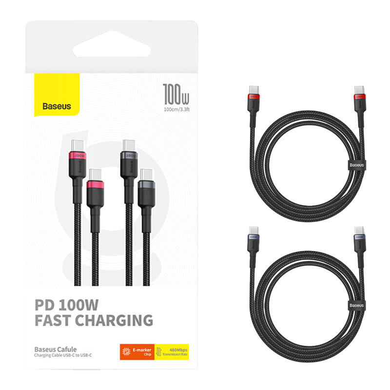 Cable Baseus Cafule USB-C to USB-C 100W,1m, 2psc (Red Black, Grey Black)_6